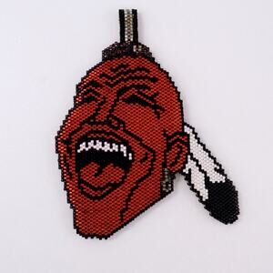 Hand Beaded Medallion Pendant Keychain Native American Style Red Face Feather